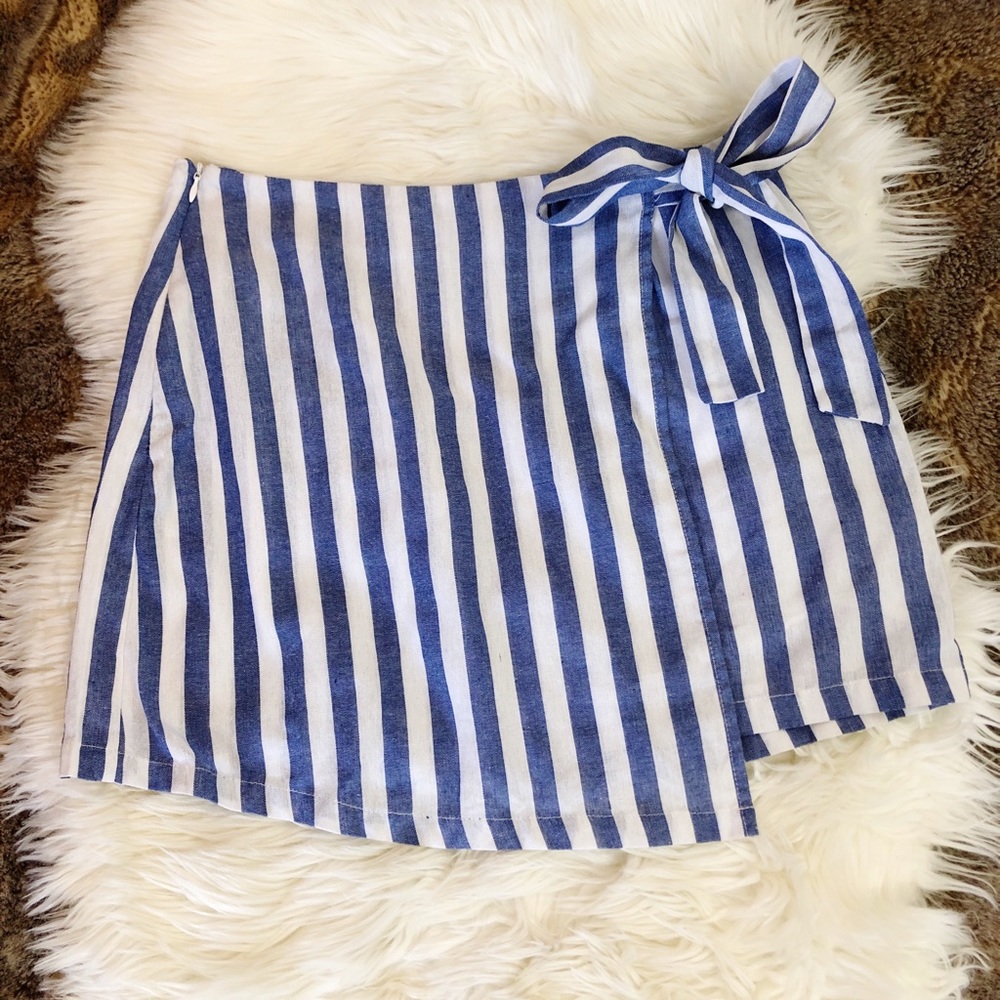 SHEIN Cotton Blue Stripe Waist Tie Wrap Skirt